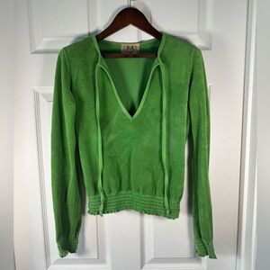 Vintage Juicy Couture Green Terry Long Sleeve Deep V Top Y2K Original Sz Medium
